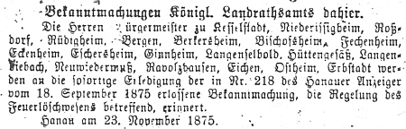 Hanauer Anzeiger vom 29. November 1875